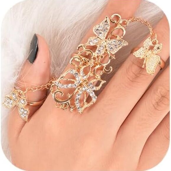 Jewelry - Butterfly Gold Hand Chain for Women Adjustable Crystal Finger Rings Punk Jewelry